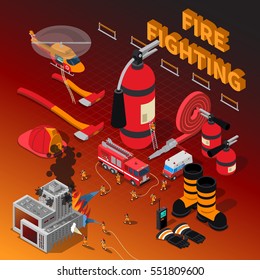 Firefighter isometric composition with fireman rescue operation extinguisher boots truck hose axe helmet helicopter gloves vector illustration