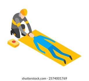 Firefighter isometric icon with firefighters engaged in extinguishing of burning. Firefighters career concept design. Saving people vector illustration