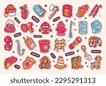 Firefighter Items Sticker Icons Hand Drawn Coloring Vector