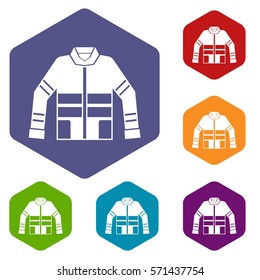 Firefighter jacket icons set rhombus in different colors isolated on white background