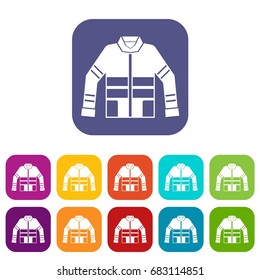 Firefighter jacket icons set vector illustration in flat style in colors red, blue, green, and other