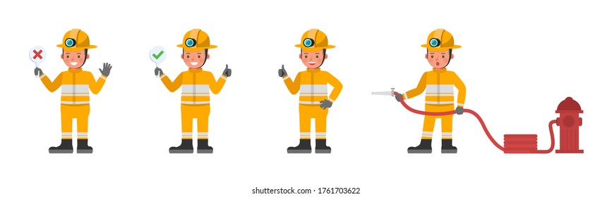 Firefighter kid character vector design. Presentation in various action with emotions.