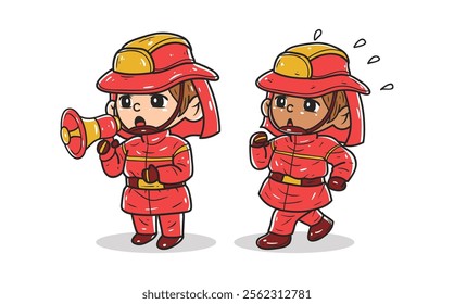 Firefighter kids character in action vector illustration