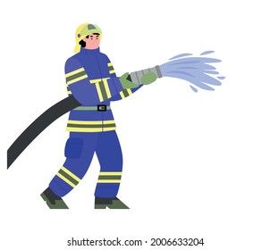 Firefighter kneeling with fire hose fighting fire and smoke set. Fireman wearing uniform rescueing people, flat cartoon vector illustration isolated white background