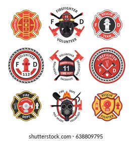 Firefighter label emblem or sticker set isolated and different sizes with bright colors on firefighting subject vector illustration