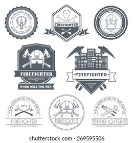 firefighter label template of emblem element for your product or design, web and mobile applications with text. Vector illustration with thin lines isolated icons on stamp symbol