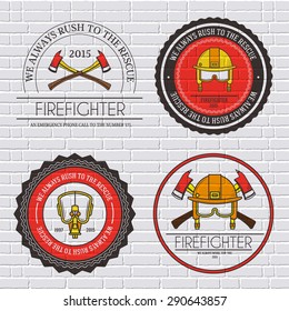 firefighter label template of emblem element for your product or design, web and mobile applications with text. Vector illustration with thin lines isolated icons on stamp symbol