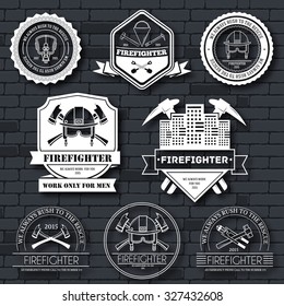 firefighter label template of emblem element for your product or design, web and mobile applications with text. Vector illustration with thin lines isolated icons on stamp symbol