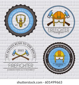 firefighter label template of emblem element for your product or design, web and mobile applications with text. Vector illustration with thin lines isolated icons