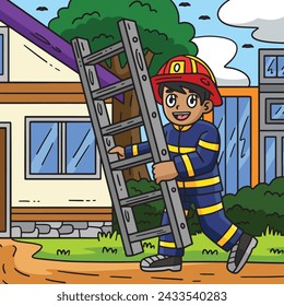 Firefighter with a Ladder Colored Cartoon 