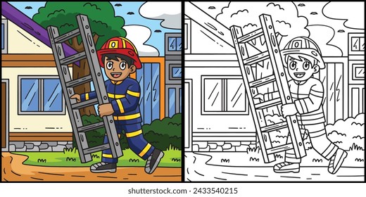 Firefighter with a Ladder Coloring Illustration