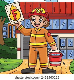 Firefighter with Letter F Colored Cartoon 