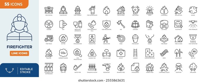 Firefighter line editable icon set. Fire department symbol with fire, fire hose, firefighter, extinguisher, fire engine, sprinkler system, burning house, and more.