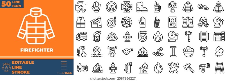 Firefighter Line Editable Icons set. Vector illustration in modern thin line style of firefighter icons: firefighter, fireman, fire, etc