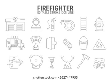 Firefighter line icon set. Editable stroke icons of fire station, hose, extinguisher, ladder, hydrant, truck, alarm, gear, and more. Perfect for safety, emergency, and rescue themes.