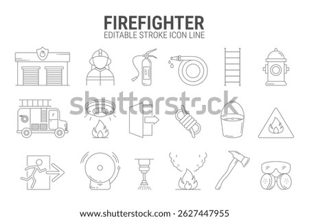 Firefighter line icon set. Editable stroke icons of fire station, hose, extinguisher, ladder, hydrant, truck, alarm, gear, and more. Perfect for safety, emergency, and rescue themes.