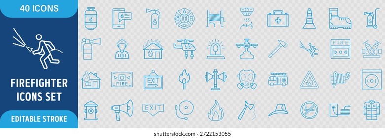 Conjunto de iconos de línea de bomberos. Cuerpo de Bomberos, Rescate de Bomberos, Equipo de Bomberos, Manguera, Extintor, Casa en Llamas e Iconos de Servicio de Emergencia. Trazo de contorno editable. Ilustración vectorial
