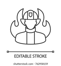 Firefighter linear icon. Fireman. Thin line illustration. Contour symbol. Vector isolated outline drawing. Editable stroke