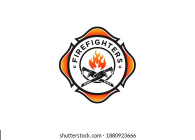 Firefighter logo axe element modern design badge style. pipe wrench fire symbol, emergency 