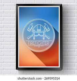 Firefighter logo or label template with blurred background on white brick wall. Vector illustration with thin lines isolated icons for your product or design, web and mobile applications with text.