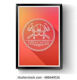 Firefighter logo or label template with blurred background on white brick wall. Vector illustration with thin lines isolated icons for your product or design, web and mobile applications with text.