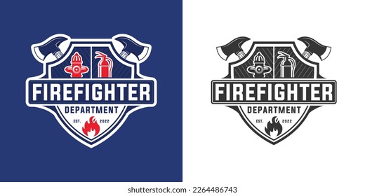 Firefighter logo silhouette, firefighter department emblem badge shield protection with axe design, fire hydrant illustration, extinguisher vector, and fire icon