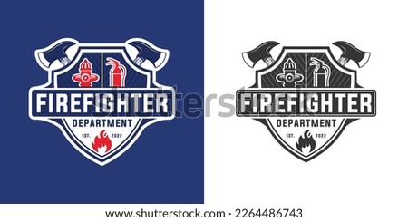 Firefighter logo silhouette, firefighter department emblem badge shield protection with axe design, fire hydrant illustration, extinguisher vector, and fire icon