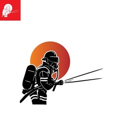 Firefighter Logo Silhouette A Man Wearing Man Wearing Protective Jacket And Spraying Water, Vector Illustrations