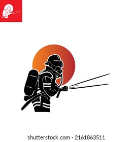 firefighter logo silhouette a man wearing man wearing protective jacket and spraying water, vector illustrations