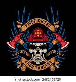 firefighter logo. skull element wearing helmet on head, crossed axes, burning fire, firefighter vector design