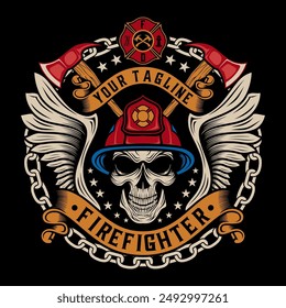 firefighter logo. skull element wearing a helmet on the head with crossed axs, firefighter vector design