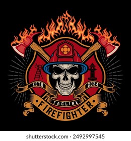 firefighter logo. skull element wearing helmet on head, crossed axes, burning fire, firefighter vector design