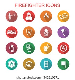 firefighter long shadow icons, flat vector symbols