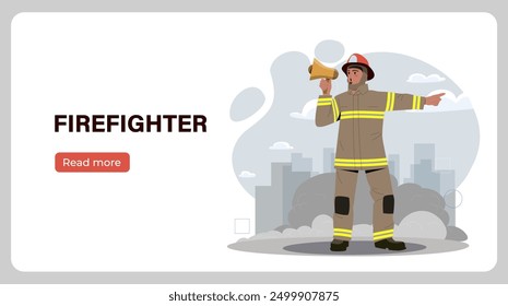 Bombero con cartel de altavoz. Hombre en traje de protección con altavoz da instrucciones. Rescatador en uniforme. Seguridad y protección. Diseño de página web de aterrizaje. Ilustración vectorial plana