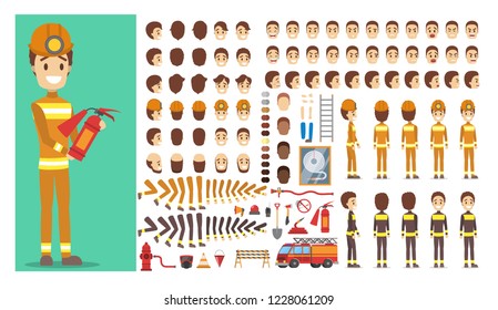 Firefighter male character in uniform set or kit for animation with various views, hairstyle, emotion, pose and gesture. Different emergency equipment. Isolated flat vector illustration