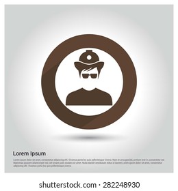 firefighter male user icon, Circle Long shadow pictogram icon on gray background.