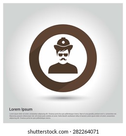 firefighter male user icon, Circle Long shadow pictogram icon on gray background.