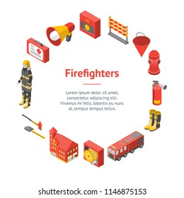 Firefighter Man and Equipment Banner Card Circle Isometric View Include of Hose, Extinguisher, Hydrant, Truck and Alarm. Vector illustration