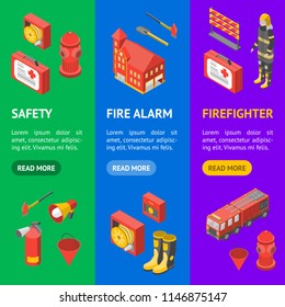 Firefighter Man and Equipment Banner Vecrtical Set Isometric View Include of Hose, Extinguisher, Hydrant, Truck and Alarm. Vector illustration