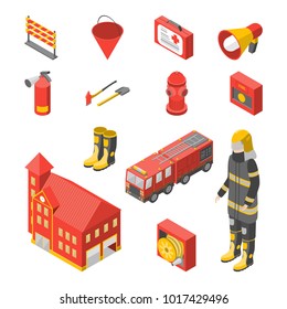 Firefighter Man and Equipment Icons Set Isometric View Include of Hose, Extinguisher, Hydrant, Truck and Alarm. Vector illustration