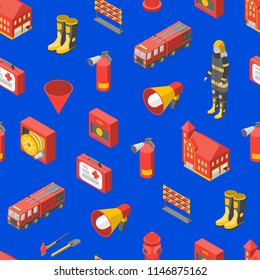 Firefighter Man and Equipment Seamless Pattern Background Isometric View Include of Hose, Extinguisher, Hydrant, Truck and Alarm. Vector illustration