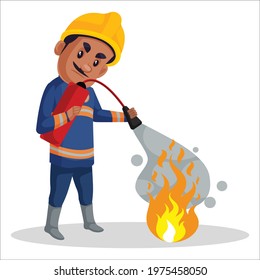 Firefighter man is extinguishing the fire. Vector graphic illustration. Individually on white background.