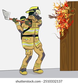 Hombre bombero que lucha contra fuego intenso.