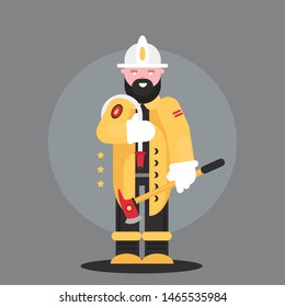 Firefighter, man from fire brigade, standing full face in form of fireman, with personal protective equipment, bunker or turnout gear.