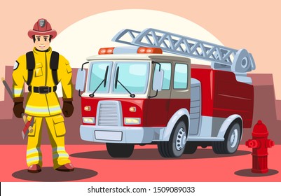 Firefighter, man from fire brigade, standing full face in form of fireman, with personal protective equipment, bunker or turnout gear. In the background a fire truck. Vector illustration