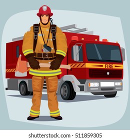 Firefighter, man from fire brigade, standing full face in form of fireman, with personal protective equipment, bunker or turnout gear. In the background a fire truck. Vector illustration