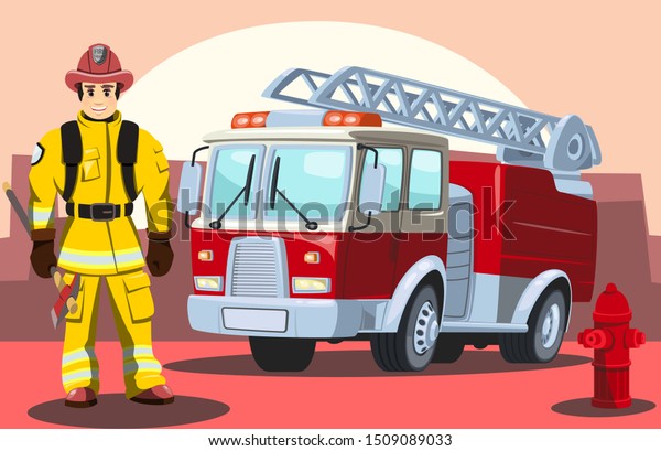 Firefighter,\
man from fire brigade, standing full face in form of fireman, with\
personal protective equipment, bunker or turnout gear. In the\
background a fire truck. Vector\
illustration