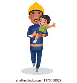 Firefighter man is holding a boy in hand. Vector graphic illustration. Individually on white background.