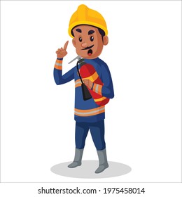 Firefighter man is holding a fire extinguisher. Vector graphic illustration. Individually on white background.