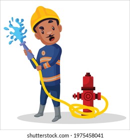 Firefighter man is holding hose throwing water. Vector graphic illustration. Individually on white background.